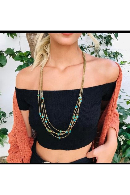 Handmade Design Turquoise Stone Rice Chain Women's Long Necklace