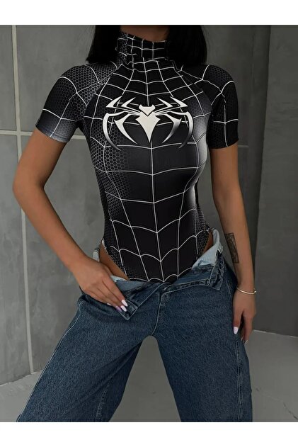 Papiloin Siyah Harajuku Tech Y2k Siyah Spider Örümcek Adam Detaylı