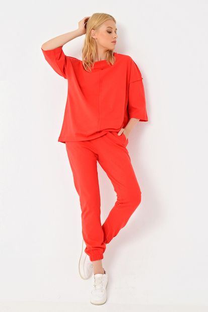 Trend Alaçatı Stili Kadın Kırmızı Önü Dikişli Eşofman Takımı ALC-X4929 - 2