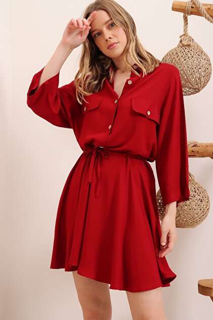 Trend Alaçatı Stili Kadın Tarçın Safari Dokuma Gömlek Elbise ALC-X6196 - 3