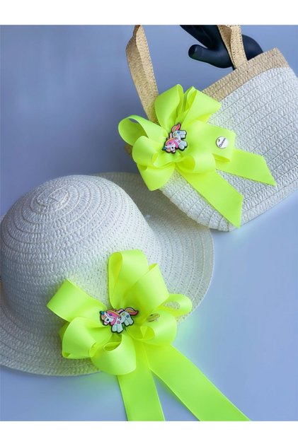 Custom Design Luxury Princess Girl Child Straw Hat Beach Bag Suit Set Neon Yellow Unicorn Horse