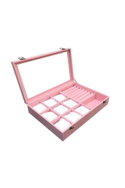 Watch + Ring + Cufflink + Glasses Multi-Purpose Jewelry Box Suede Pink Coating on Wooden Case