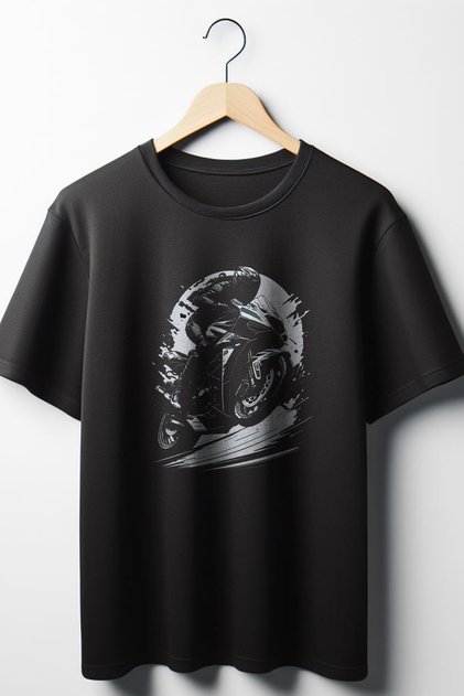 Μαύρο μπλουζάκι με στάμπα Biker Oversize Wide Fit Unisex Crew Neck