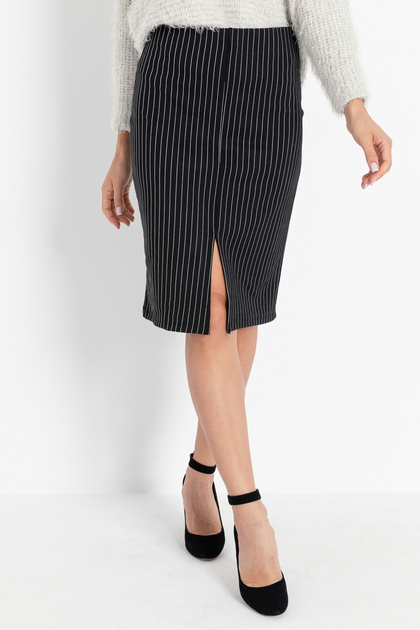 Women's Black Striped Elastic High Waist, Stretchy Lycra, Knitted, Fitted Knee-Length Slit Skirt