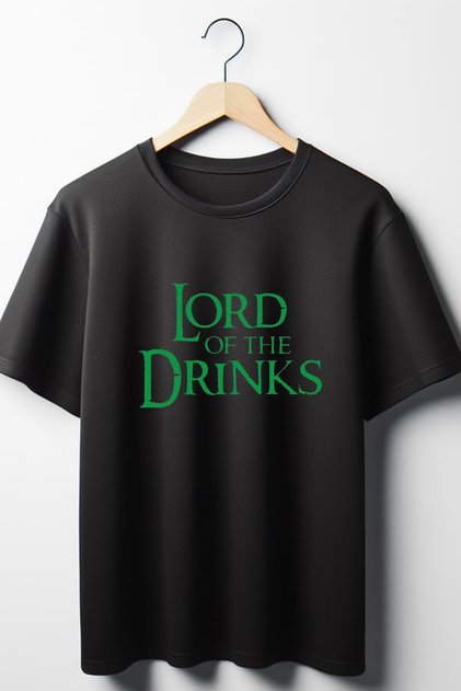 Lord of the Drinks Text Printed Oversize Wide Fit Unisex Crew Neck Black Tshirt