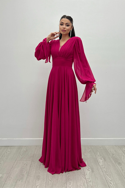 giyimmasal Fuchsia V-Neck Gather Detailed Chiffon Maxi Dress- Trendyol