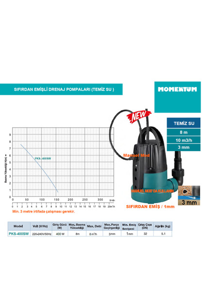 Momentum PKS-400SW 400W-220V Gizli Flatörlü Temiz Su Drenaj Dalgıç