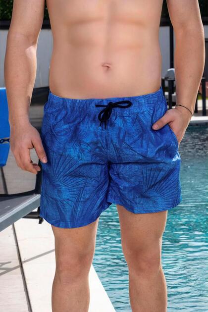 Men's Basic Blue Leaf Pattern Printed Sea Shorts with Pockets