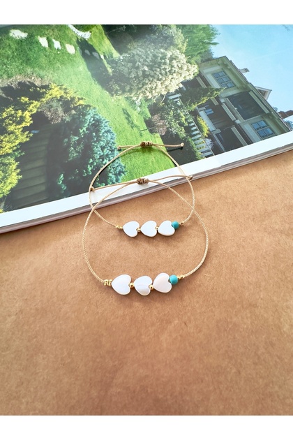 Double Mother of Pearl Heart Turquoise Natural Beaded Mother Girl Bracelet
