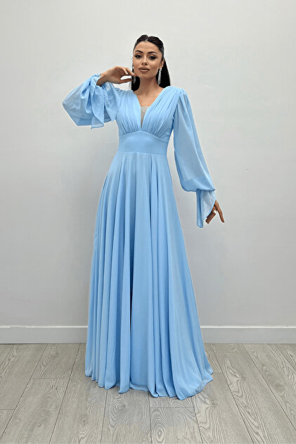 beach dresses for women over 50 Ice Blue Chiffon Lace Long Sleeve Mother Of The Bride Dress – Babyonlines main image 1