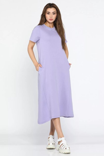 Crew Neck Lilac Short Sleeve Dress - Pocket Detail