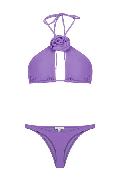 Purple Triangle Bikini Set with Rose Detail on Neckline
