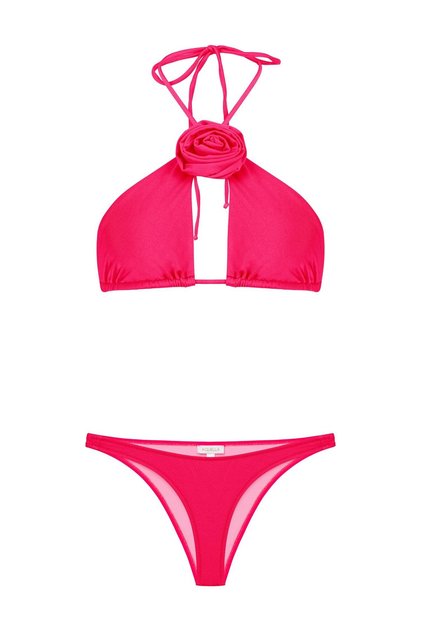 Fuchsia Triangle Bikini Set with Rose Detail on Neckline