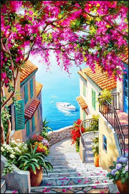 Street and Sea View Patterned Washable Carpet Miravip8231
