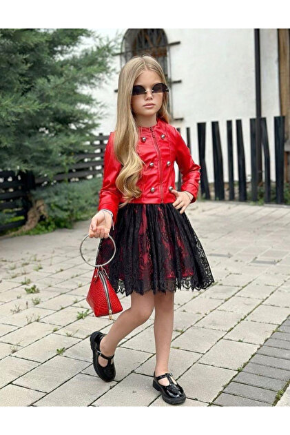 chinese dress ladies Red Plaid Dress with Black Leather Jacket main image 1