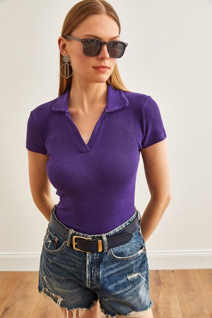 Woman's Purple Polo Collar Knitted Blouse BLZ-19002563