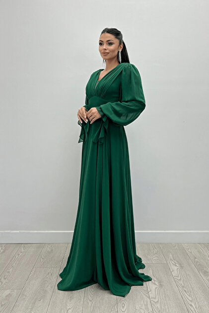 giyimmasal Chiffon Fabric V-Neck Maxi Dress with Ruffle Detail - Emerald  Green- Trendyol