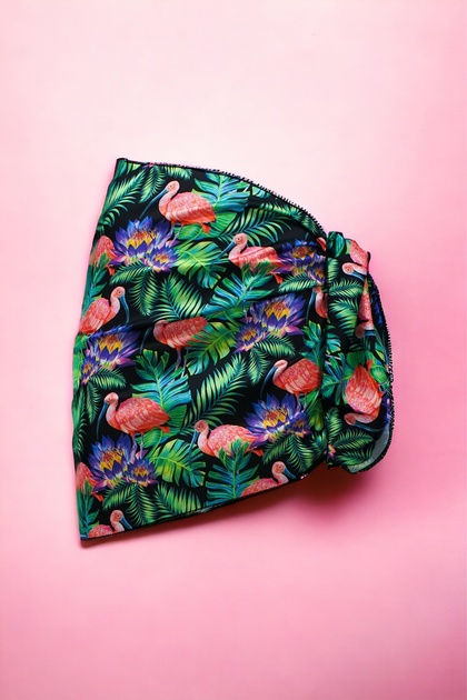 Monstera and Flamingo Patterned Short Pareo Satin Women's Beach Dress New Season