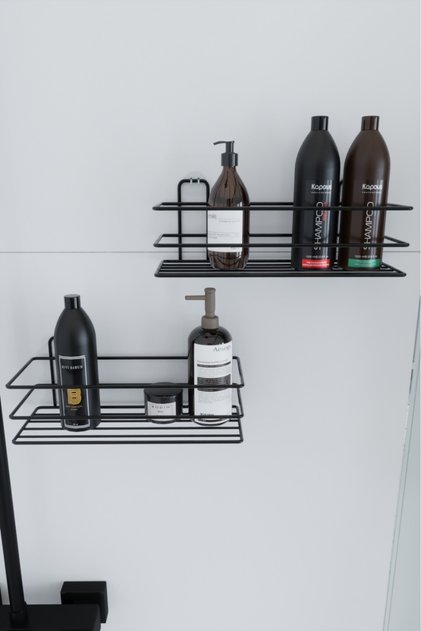 STAINLESS Adhesive 2-piece Set Bathroom Shelf Shower Shampoo Holder Wall Organizer Bathroom Set
