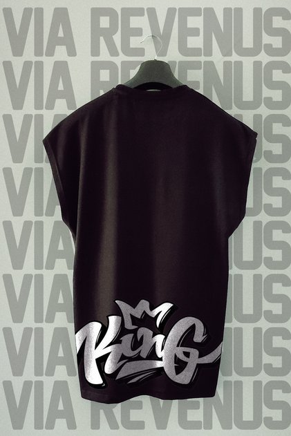 King Back Printed Oversized Loose Fit Sleeveless Black T-Shirt