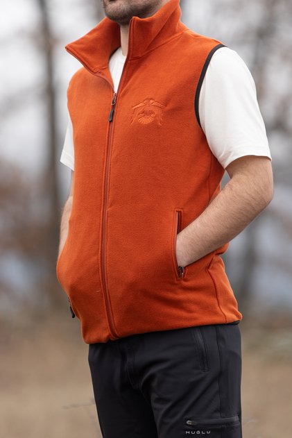 Kiremit Renk Iki Cepli Fermuarlı Polar Yelek Kartal Nakışlı