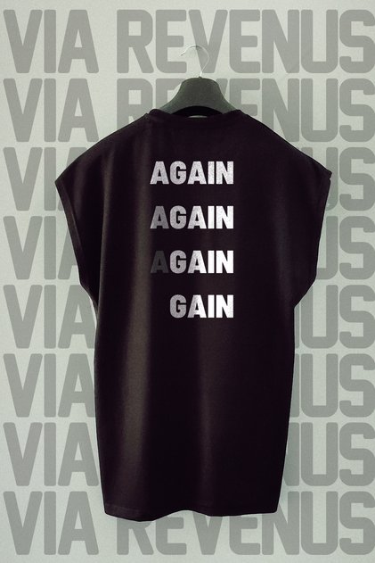 Again Back Printed Oversized Wide Fit Sleeveless Black T-Shirt