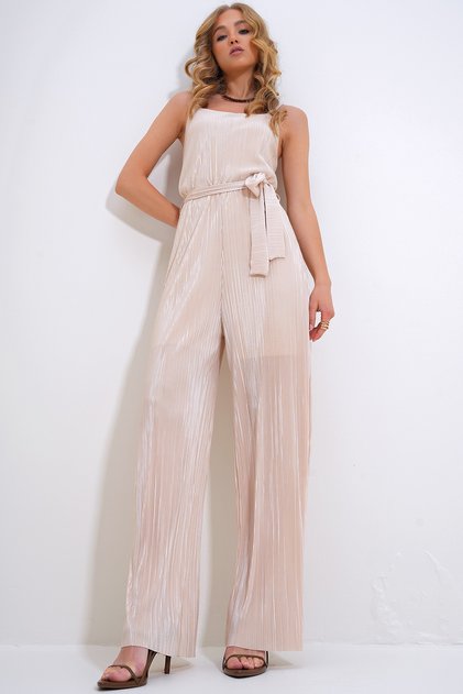 Light Beige Strappy Belted Waistline Chest-Cut Pleated Jumpsuit Alc-X12192
