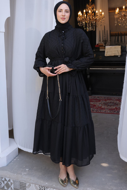 benguen 1423 Front Button Chiffon Dress Black- Trendyol