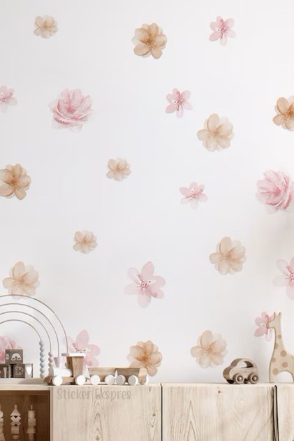 Soft Pembe Soft Kahverengi Tonlarda Çiçekler Dekoratif Çiçek Duvar Sticker Seti