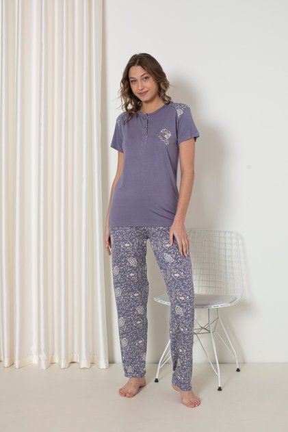 Short Sleeve Three Button Collar Blue Color Floral Pajama Set