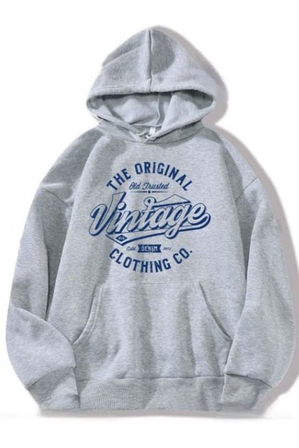 Gray Blue Vintage Hooded Printed Pocketed Suede