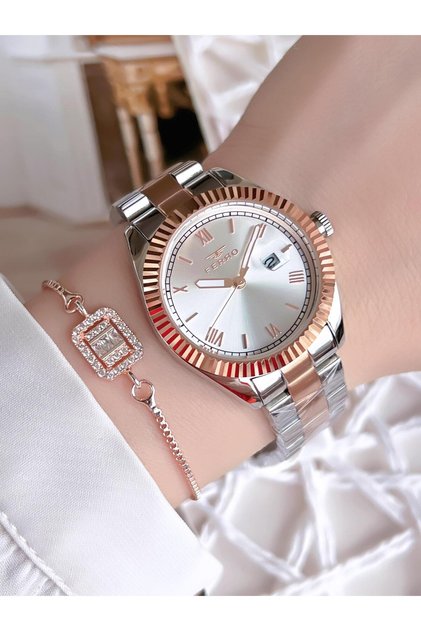 Silver/Rose Gold Women's Watch with Woven Strap, Non-Tarnishing, 3 Atm, Special Design BF21127-E
