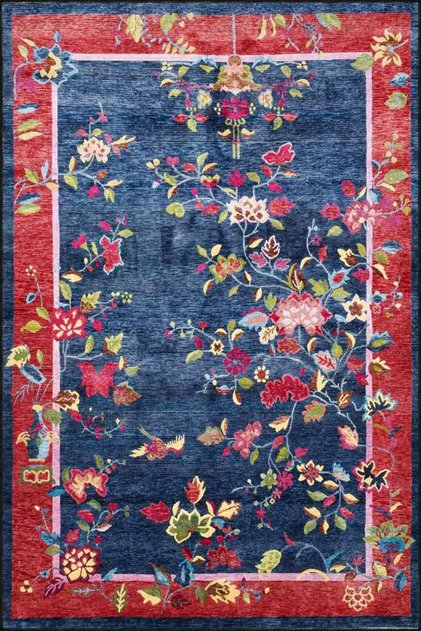Vintage Blue Red Floral Modern Decorative and Woven Base Carpet Miravip998