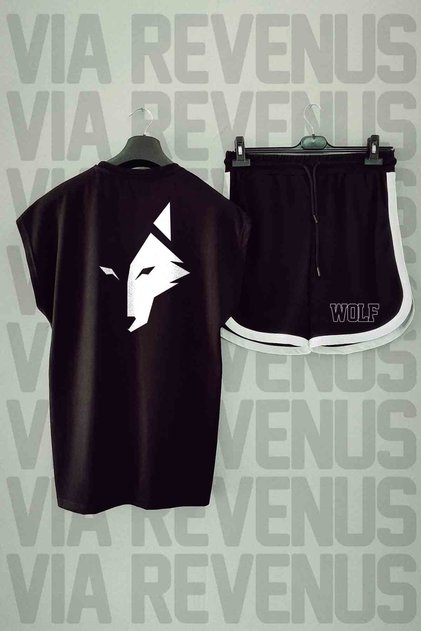 Wolf Back Printed Zero Sleeve Oversize Crew Neck Black Sports Tshirt and Shorts Set