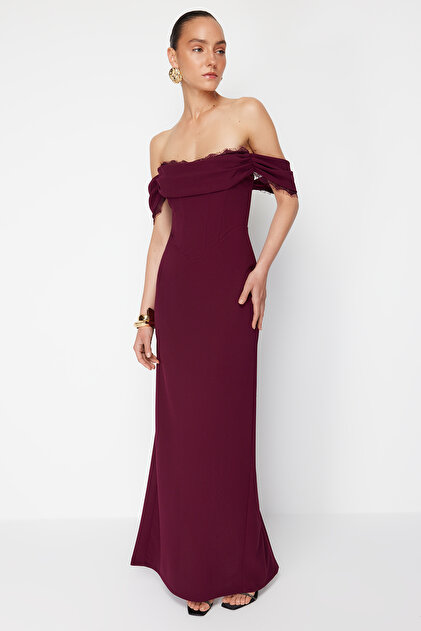 Trendyol Collection Zeynep Tosun Plum Carmen Collar Ruched Long Evening  Dress