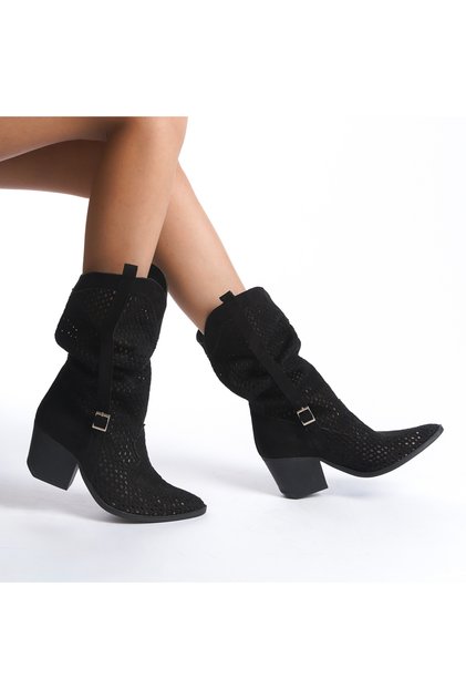 Western Summer Women's Gusseted Boots, Western Cowboy Summer Boots Black Suede with Buckle, Thick Heeled Boots