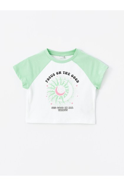 Crew Neck Girl's Crop T-Shirt - Printed, Short Sleeve