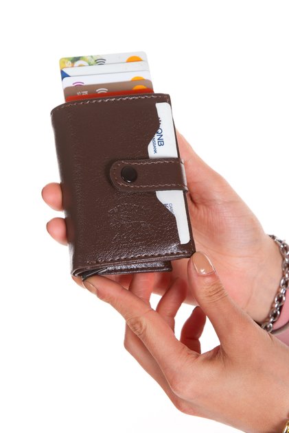 Unisex Brown Faux Vegan Leather Wallet - With Mechanism, Patch Card Holder, RFID