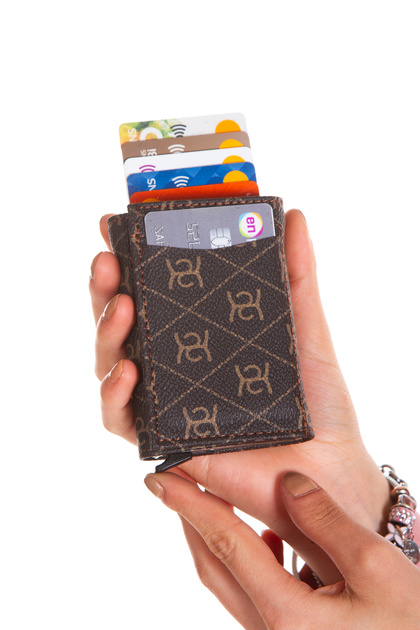Elegant Design Patterned Brown Unisex Faux Leather Card Holder Wallet with Mechanism