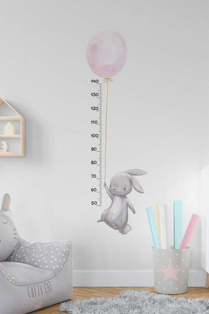 Pink Balloon Rabbit Height Measurement Wall Sticker Set