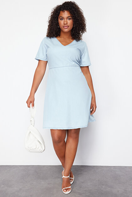Trendyol Curve Light Blue V-neck Tencel Mini Denim Dress TBBSS24AH00157-  Trendyol
