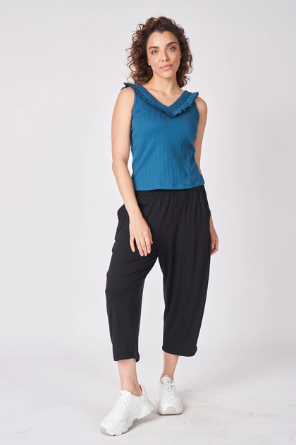 Women's V-Neck Zero Sleeve Stretch Fabric Ruffle Blouse Petrol
