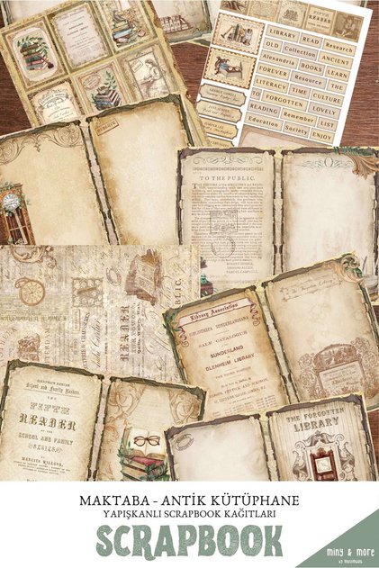 Maktaba – Antik Kütüphane - Yapışkanlı Scrapbook Kağıtları 10’lu Set #SB107
