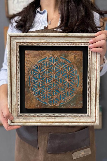 Çerçeveli Tablo Taş Duvar Dekoru 30 X 30 Cm Lotus Yaşam Çiçeği Sri Yantra