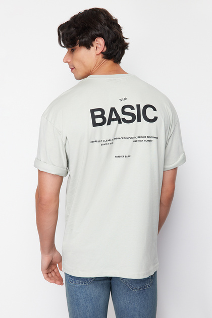 Γκρι Oversize/Wide Cut Crew λαιμόκοψη με γράμματα στην πλάτη εμπριμέ 100% βαμβακερό πλεκτό T-shirt TMNSS23TS00263
