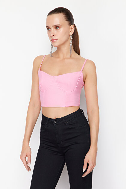 Trendyolmilla Pembe Crop Korse Detaylı Dokuma Büstiyer