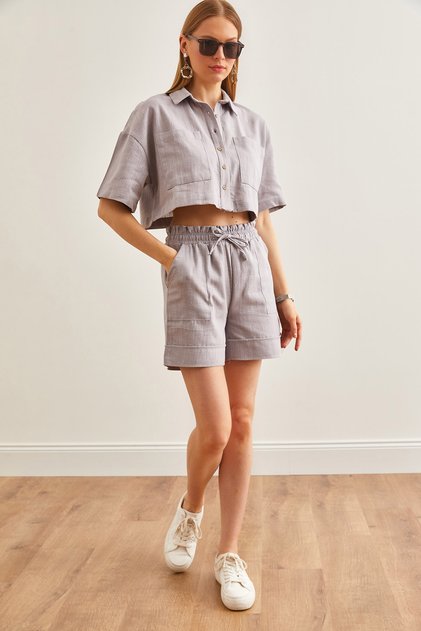 Women's Gray Top Shirt Bottom Pocket Shorts Linen Suit Tkm- 19000291
