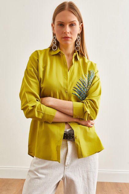 Women's Olive Green Palm Sequin Detailed Oversized Woven Poplin Shirt GML-19001016