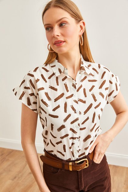 Women's Paint Bitter Brown Patterned Linen Bat Shirt Gml- 19001205