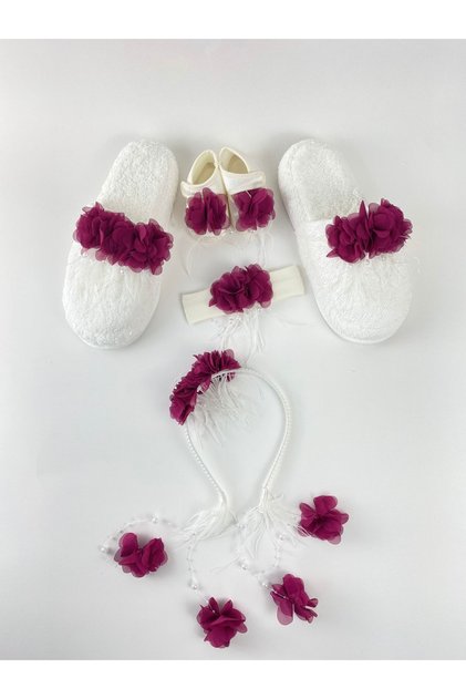 Fuchsia Pearl Stoned Floral Maternity Crown, Slippers, Bandana, Baby Booties Set